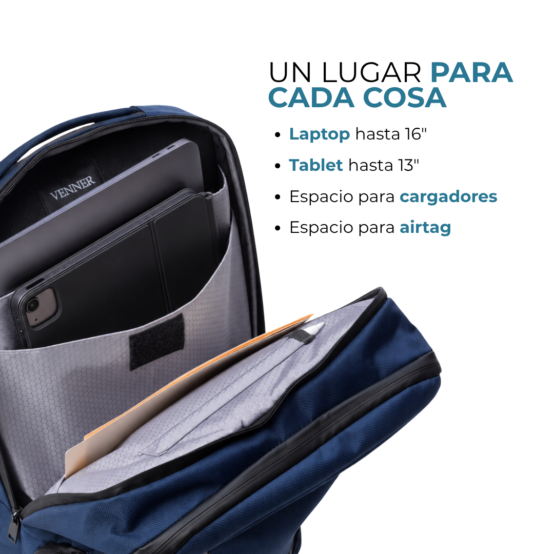 Compartimentos de la mochila Venner azul marino para laptop 16 y tablet 13 #Color_Azul Marino