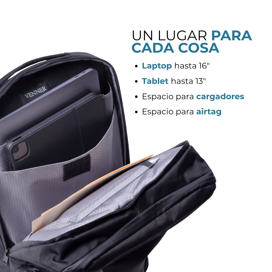Compartimentos de la mochila Venner negra para laptop 16 y tablet 13 #Color_Negro