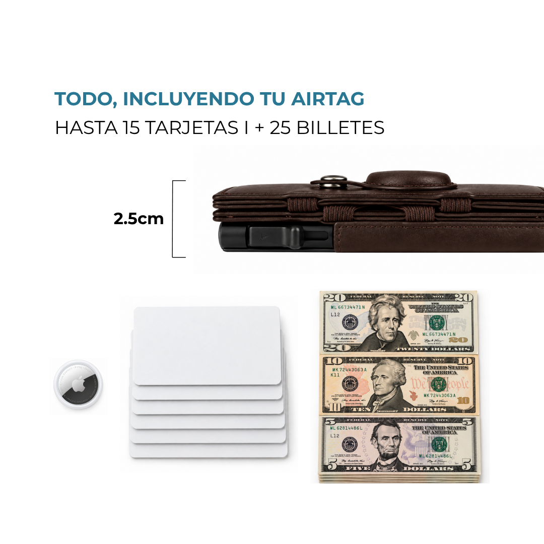 Cartera Venner Track Wallet café oscuro de 2.5 cm con 15 tarjetas, 25 billetes y AirTag #Color_Café Oscuro