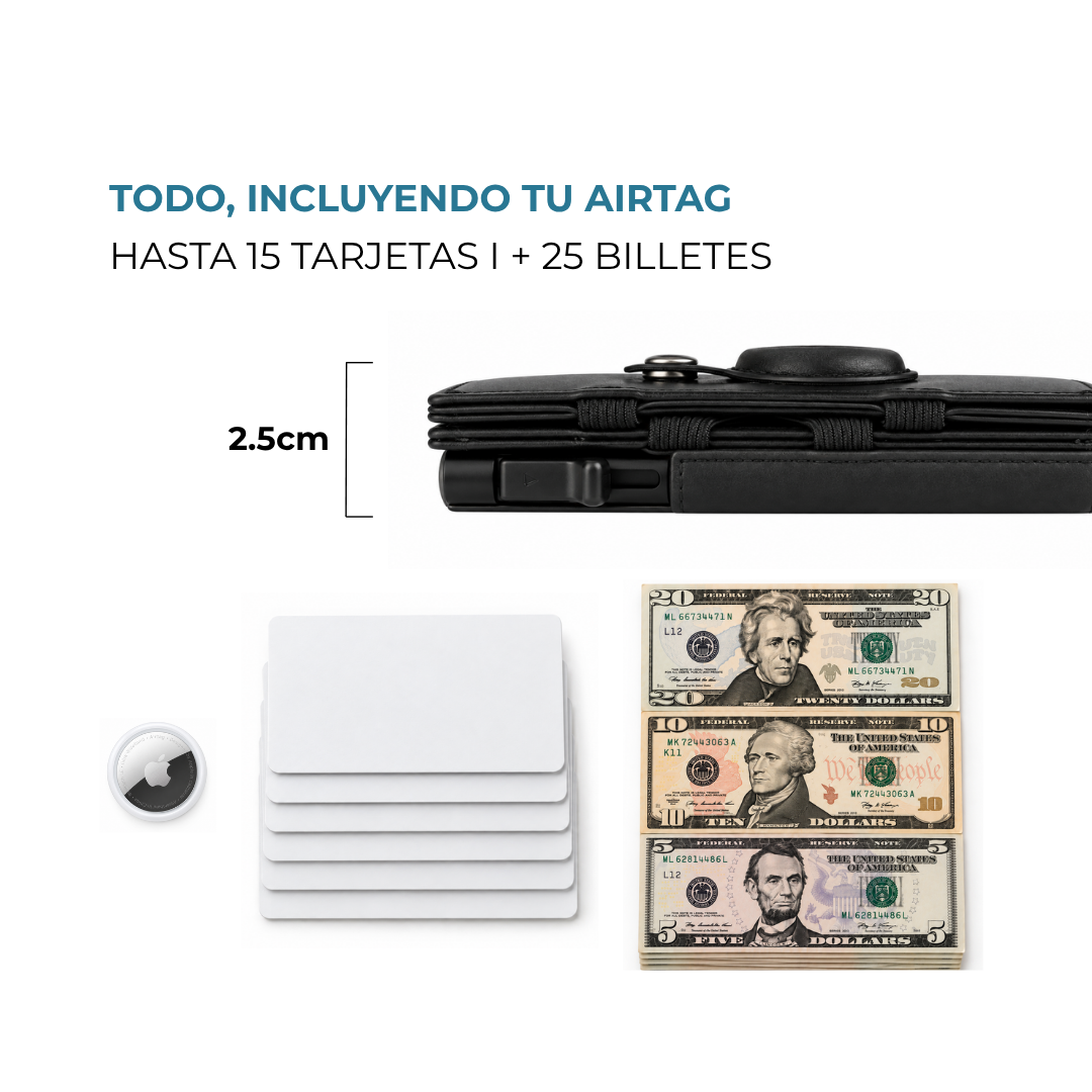 Cartera Venner Track Wallet negra de 2.5 cm con 15 tarjetas, 25 billetes y AirTag #Color_Negro