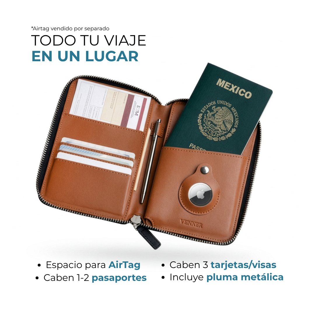 Porta pasaportes Venner negro con espacio para AirTag, 3 tarjetas y 2 pasaportes #Color_Negro