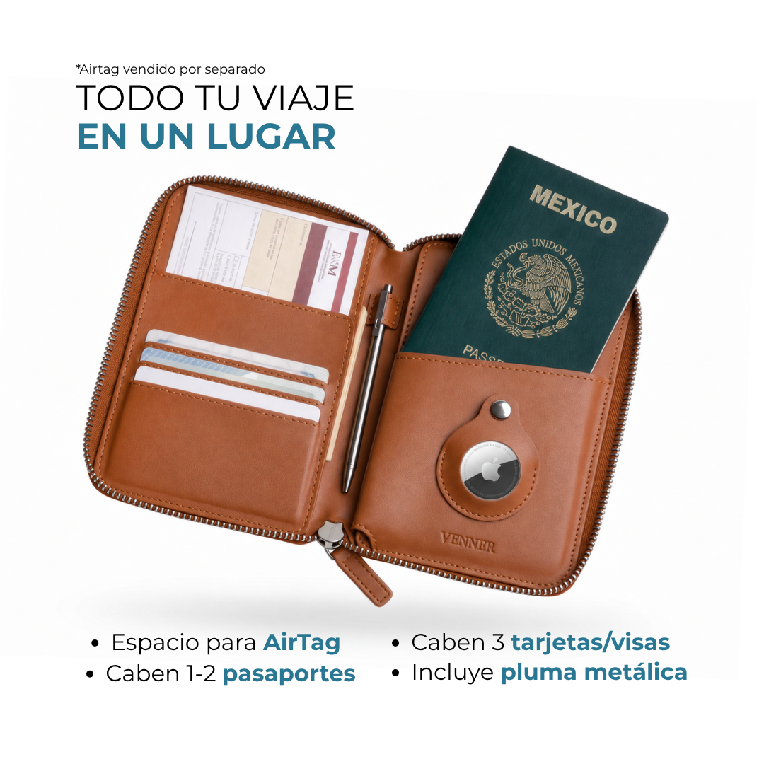 Porta pasaportes Venner camel con espacio para AirTag, 3 tarjetas y 2 pasaportes #Color_Camel