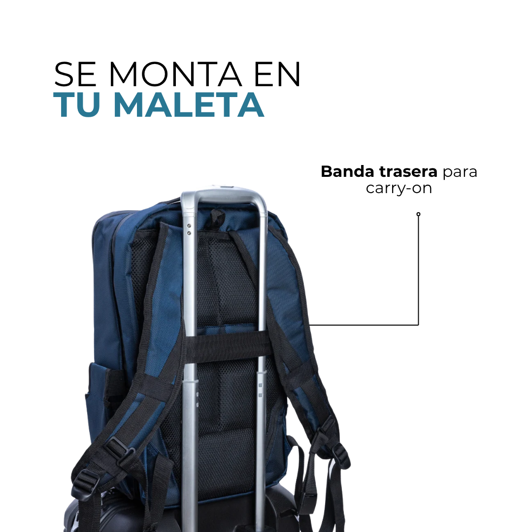 Mochila Venner azul marino montada en el asa de una maleta carry-on #Color_Azul Marino