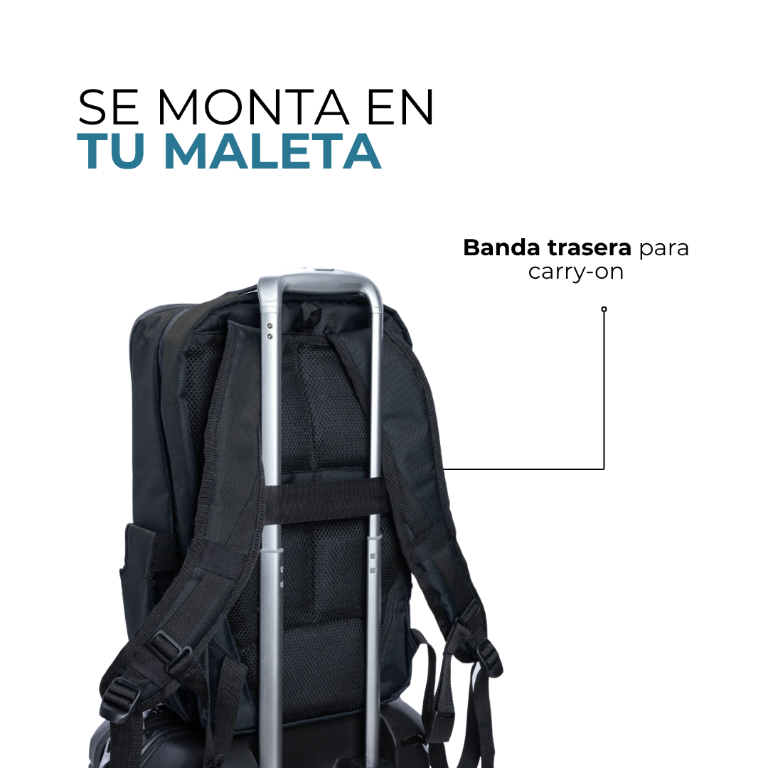 Mochila Venner negra montada en el asa de una maleta carry-on #Color_Negro
