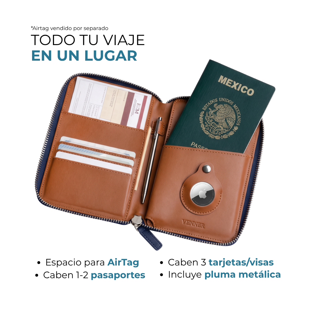 Porta pasaportes Venner navy blue con espacio para AirTag, 3 tarjetas y 2 pasaportes #Color_Navy Blue