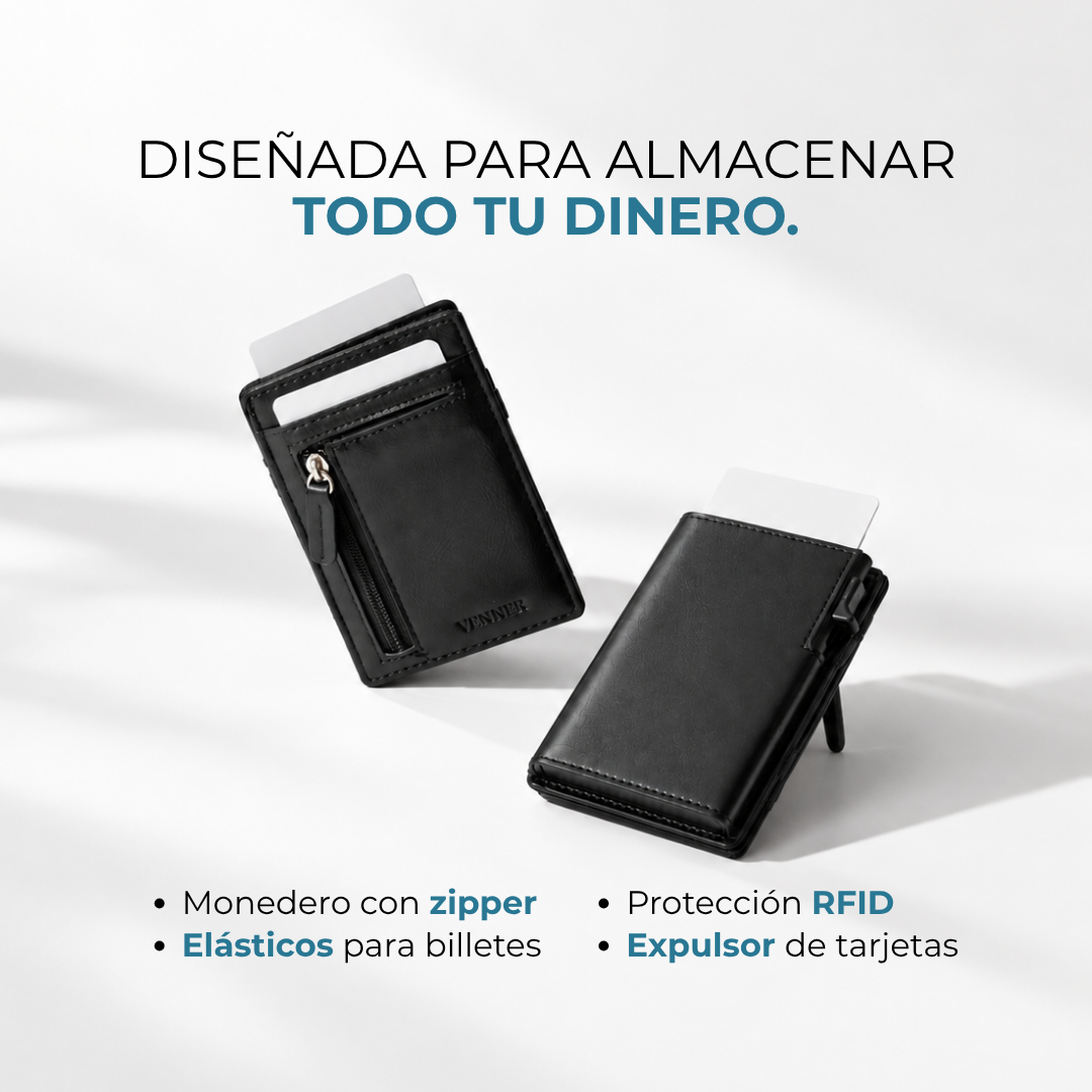 Cartera Venner Zip Wallet negra con monedero, elásticos y expulsor de tarjetas #Color_Negro
