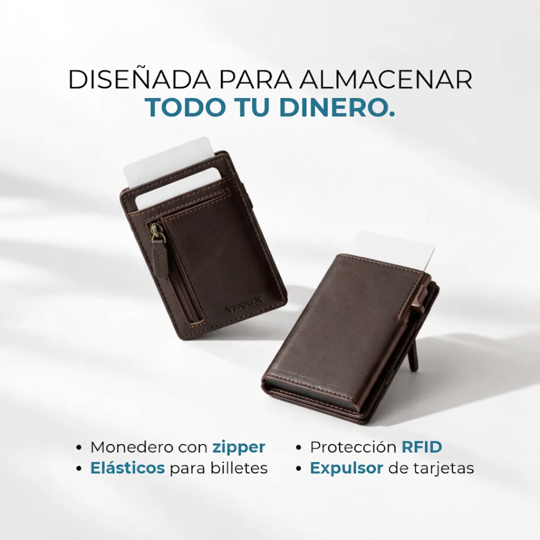 Cartera Venner Zip Wallet café oscuro con monedero, elásticos y expulsor de tarjetas #Color_Café Oscuro