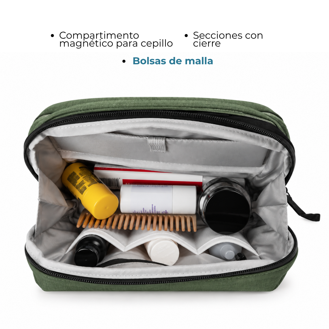 Interior del neceser Venner verde alpine con compartimento magnético y bolsas de malla #Color_Alpine Green