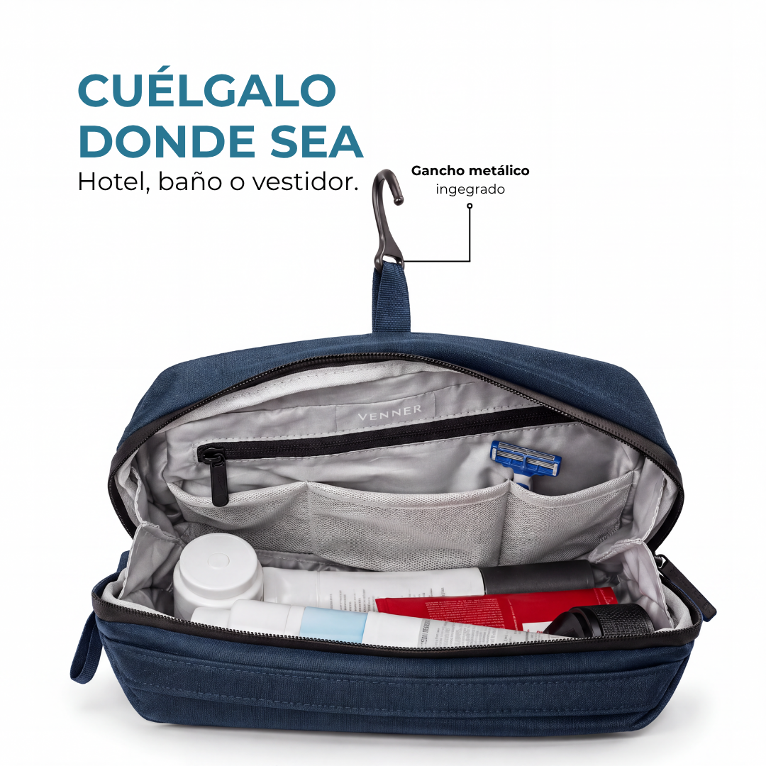 Neceser Venner azul marino colgado con su gancho metálico en hotel o baño #Color_Azul Marino