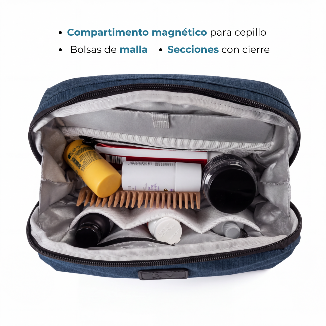 Interior del neceser Venner azul marino con compartimento magnético y bolsas de malla #Color_Azul Marino