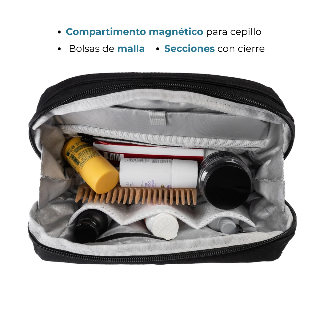 Interior del neceser Venner negro con compartimento magnético y bolsas de malla #Color_Negro